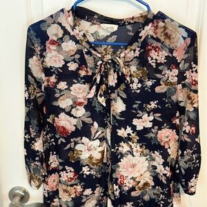 Floral, navy button-up with neck tie